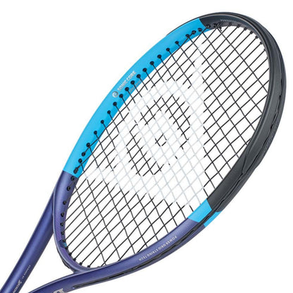 Dunlop tennis racket with blue and black design on a white background