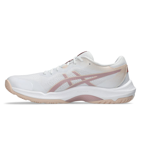 White and pink netball shoe on a white background