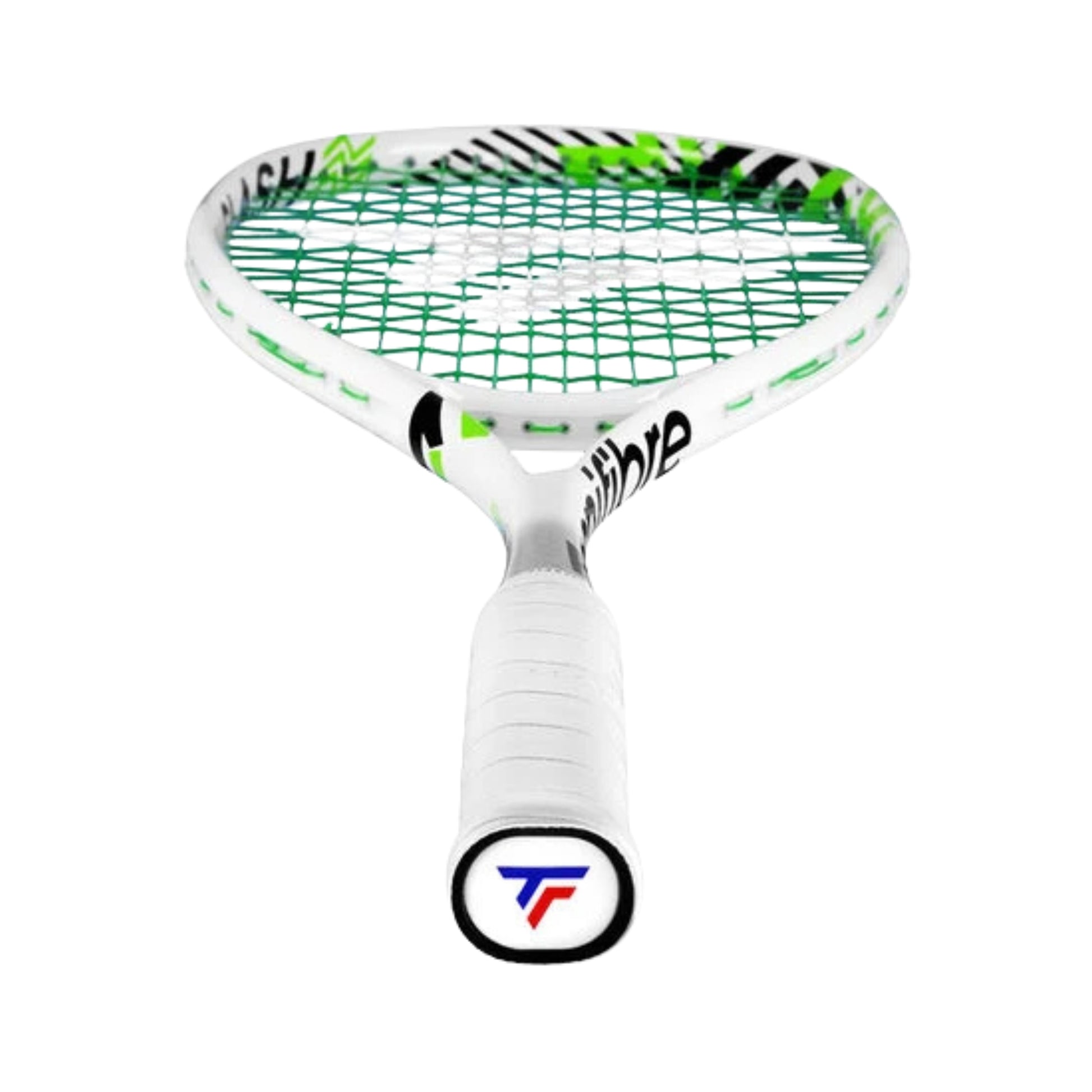 A white Tecnifibre squash racket with green and black graphics, featuring a white grip with a circular logo at the end, set against a plain white background.
