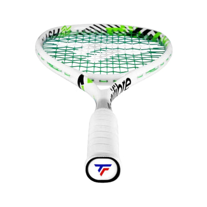 A white Tecnifibre squash racket with green and black graphics, featuring a white grip with a circular logo at the end, set against a plain white background.