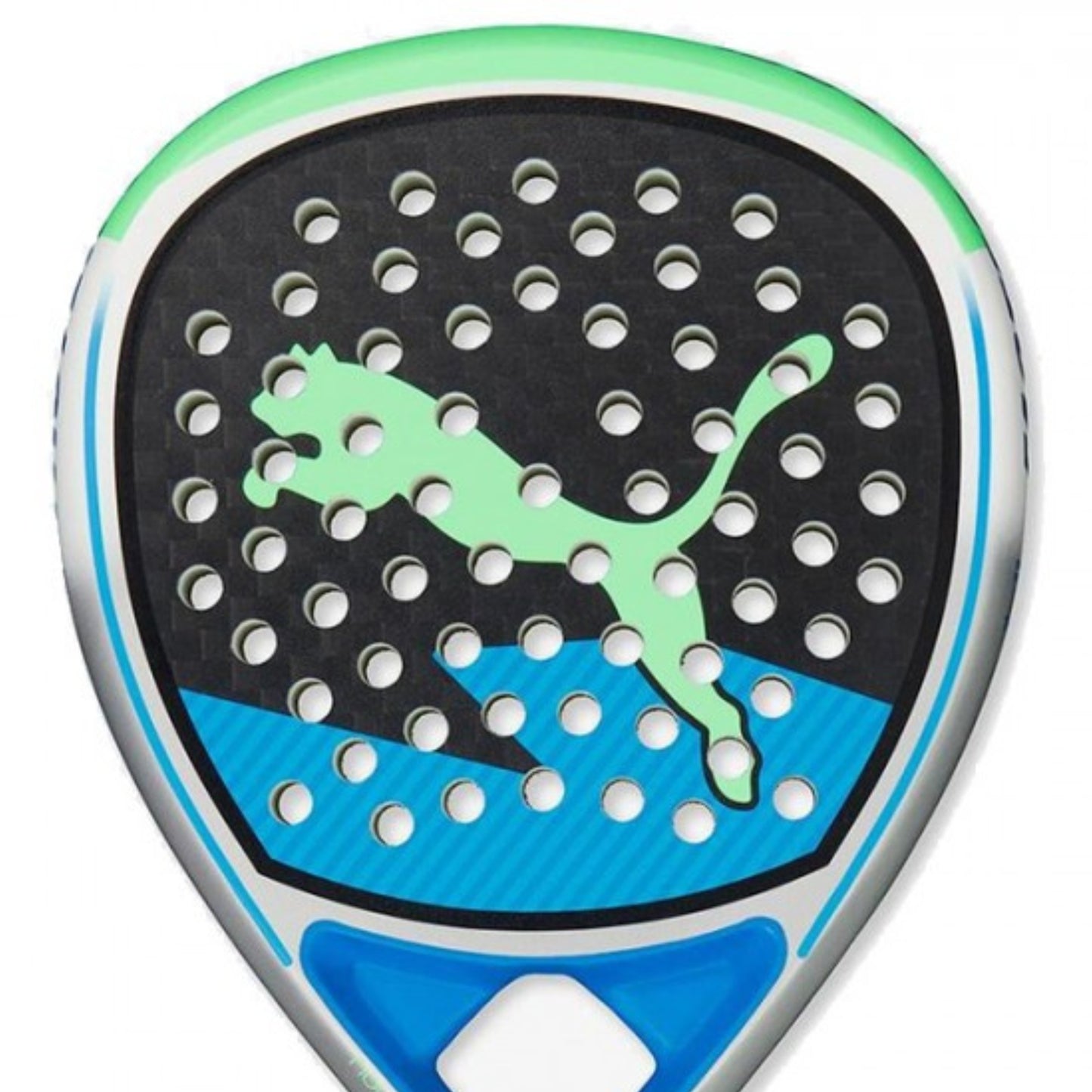 Black, green and blue Puma padel racket with puma logo