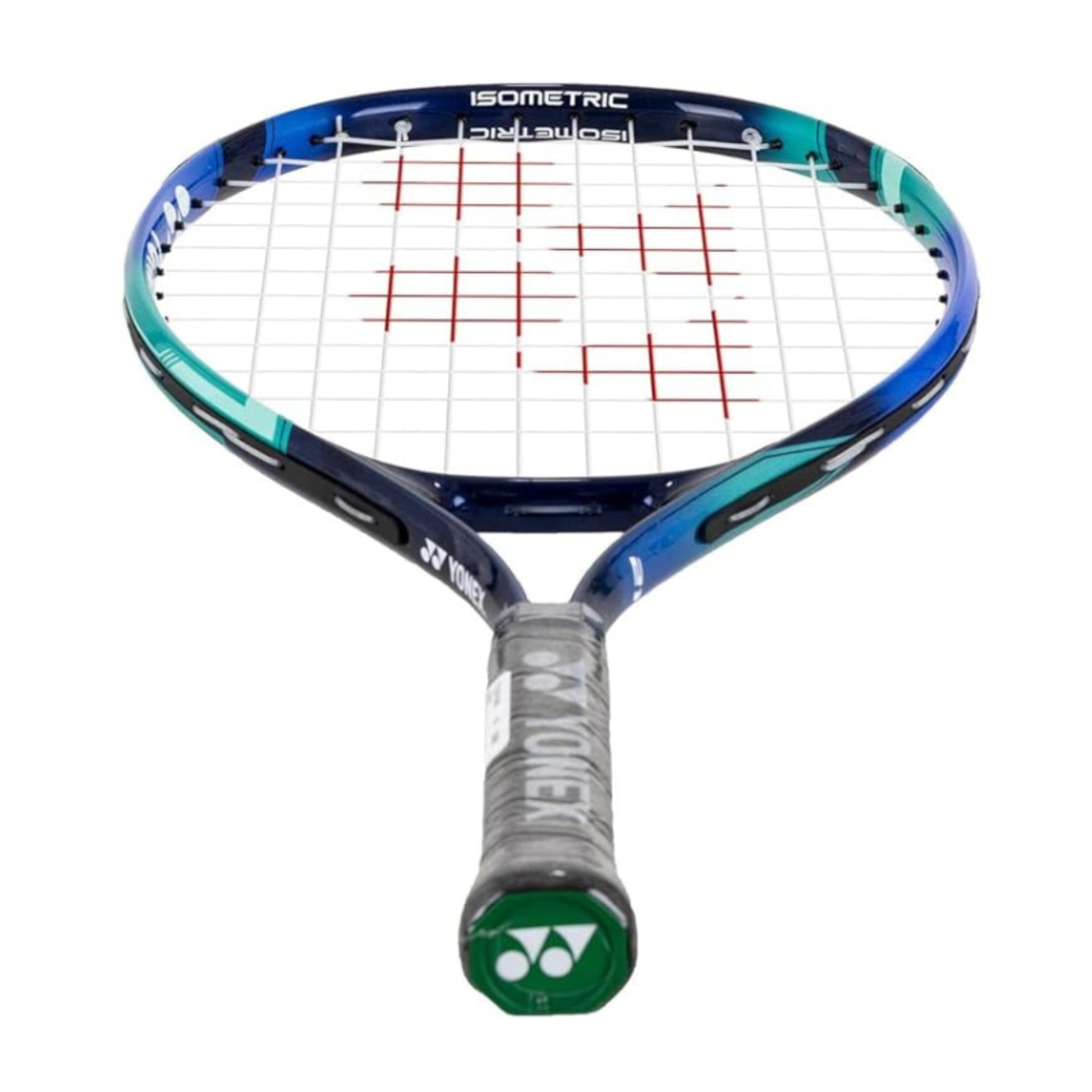 Yonex blue and green racket with Isometric wording on top of the racket