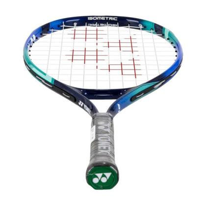 Yonex blue and green racket with Isometric wording on top of the racket