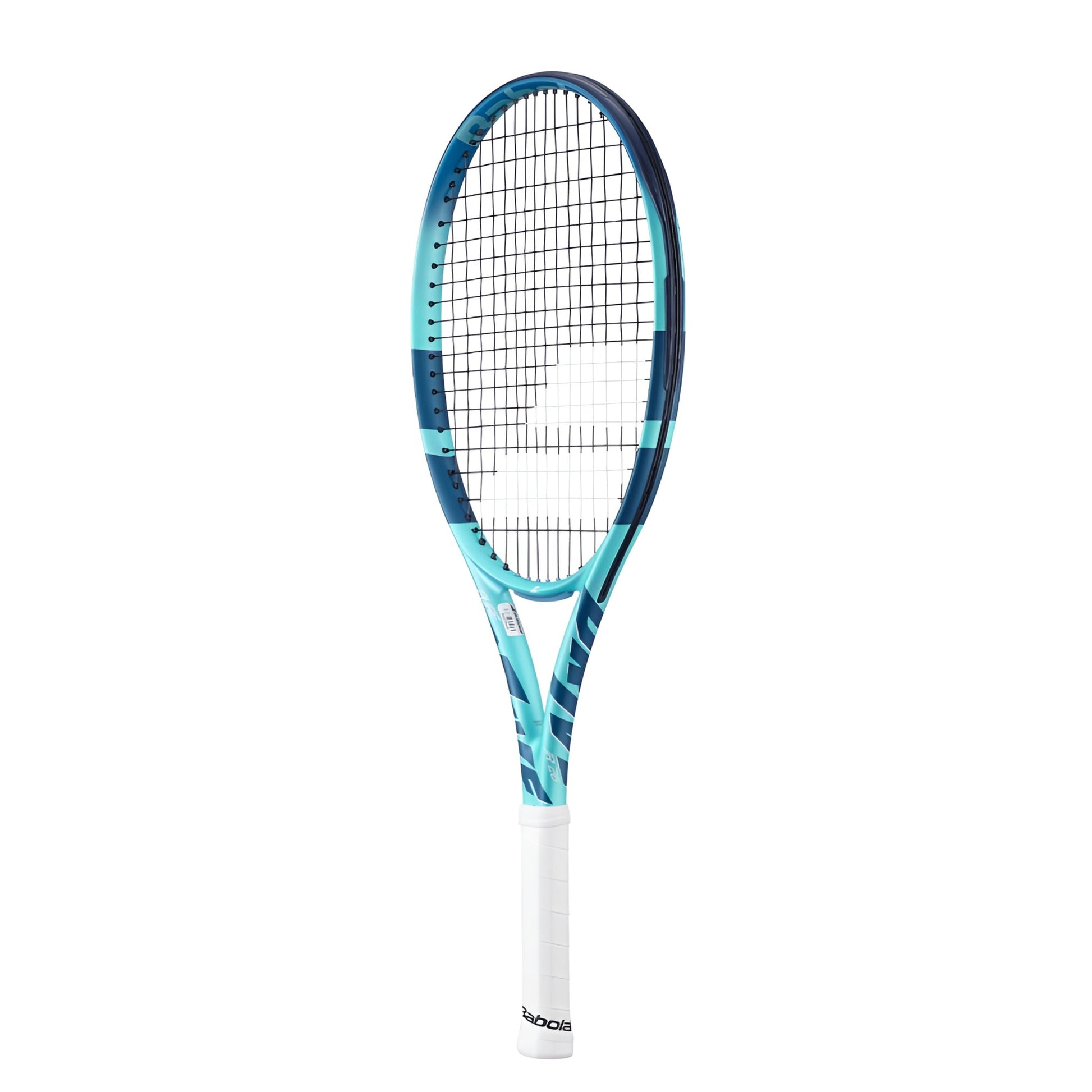 Teal and Navy Babolat racket side view with wording Pure on the left side and a white handle