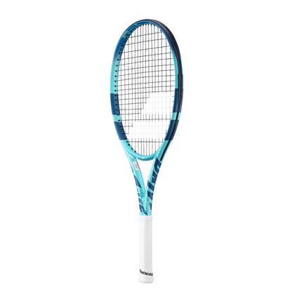 Teal and Navy Babolat racket side view with wording Pure on the left side and a white handle