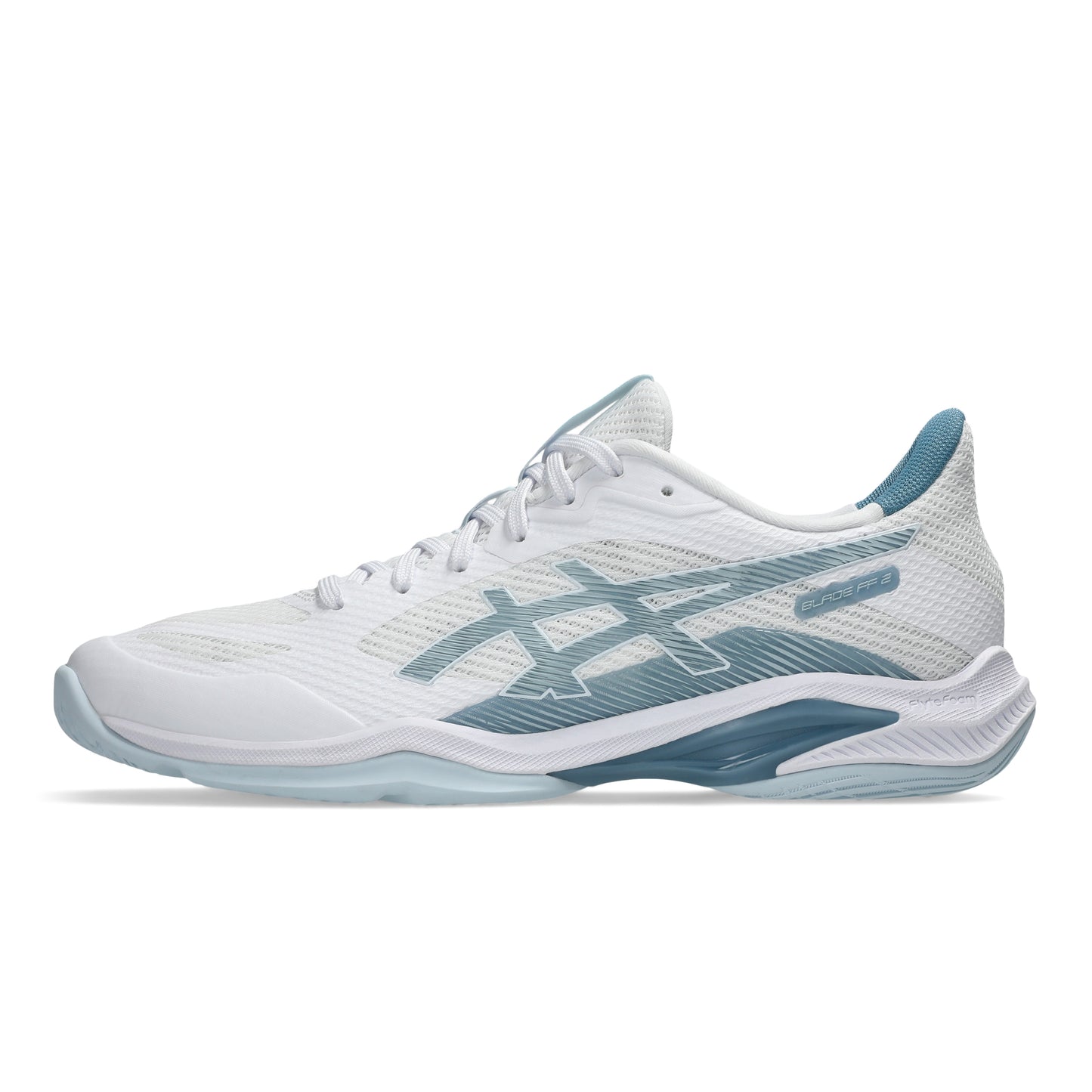 White and blue squash shoe on a white background