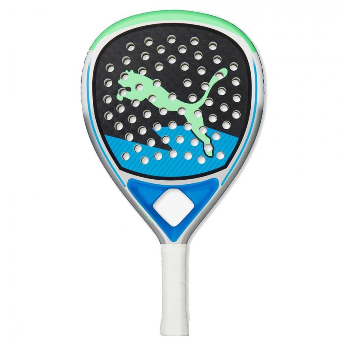 Black, green and blue Puma padel racket with a white handle