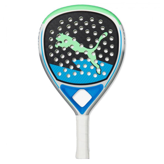 Black, green and blue Puma padel racket with a white handle