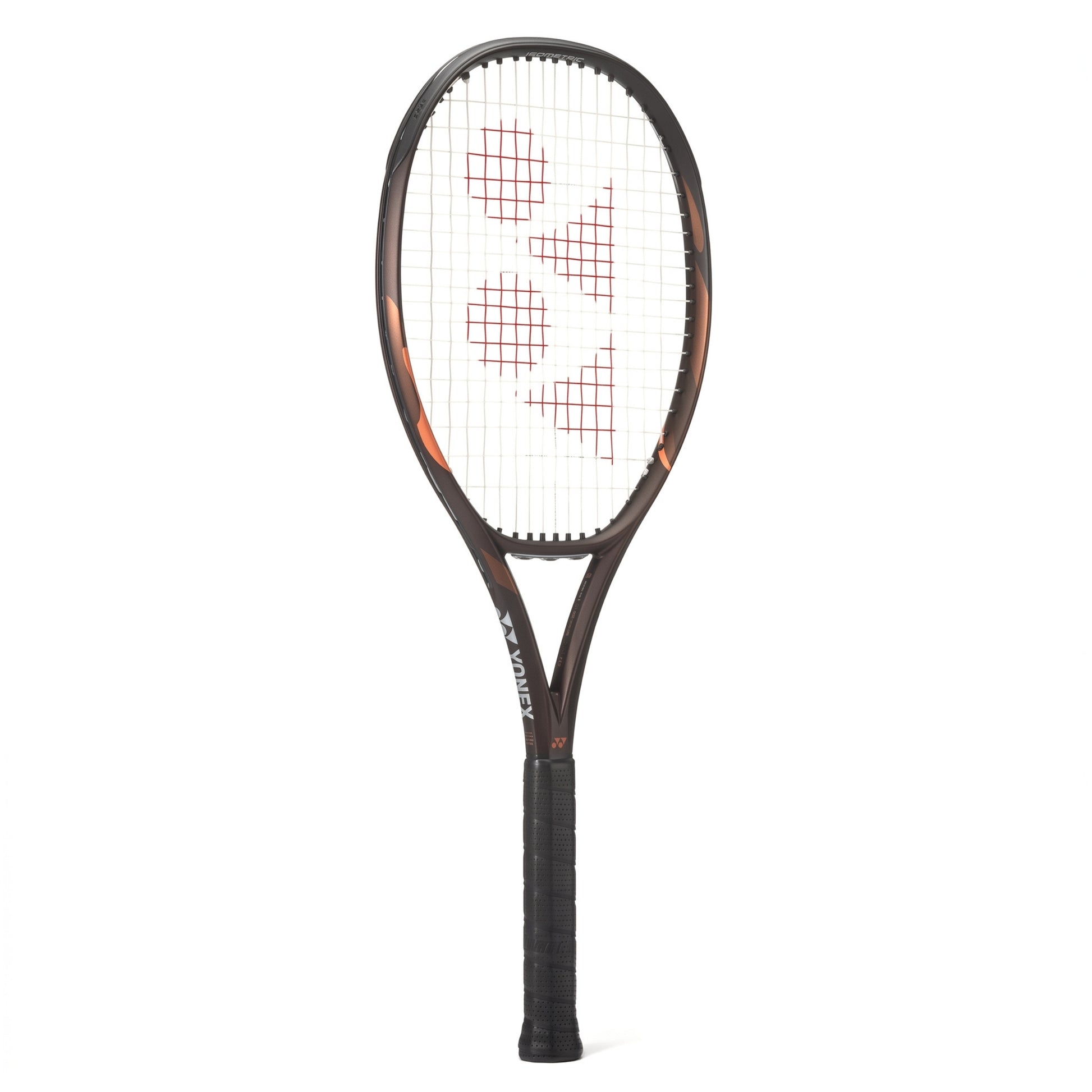 A Yonex tennis racket with a dark brown and black frame featuring subtle orange flame accents, black strings, and a black grip, shown against a plain white background.