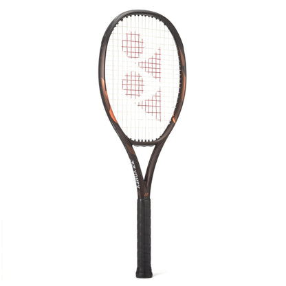 A Yonex tennis racket with a dark brown and black frame featuring subtle orange flame accents, black strings, and a black grip, shown against a plain white background.