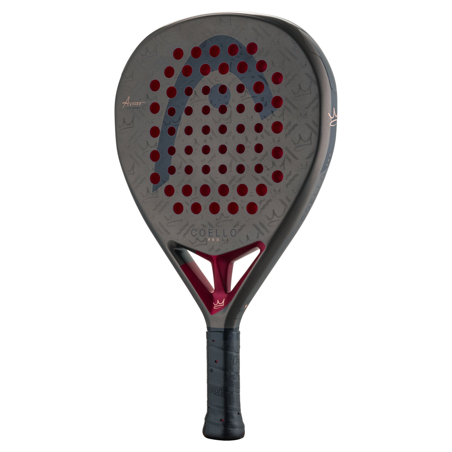 Padel racket with red and black design on a white background