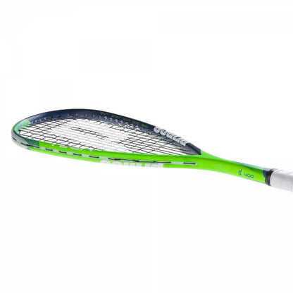 Prince squash racket with green and blue design on a white background