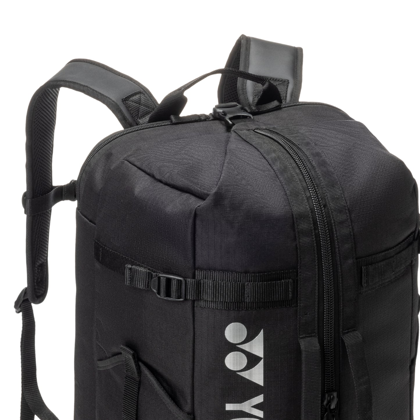 Black backpack with a visible brand logo on a white background