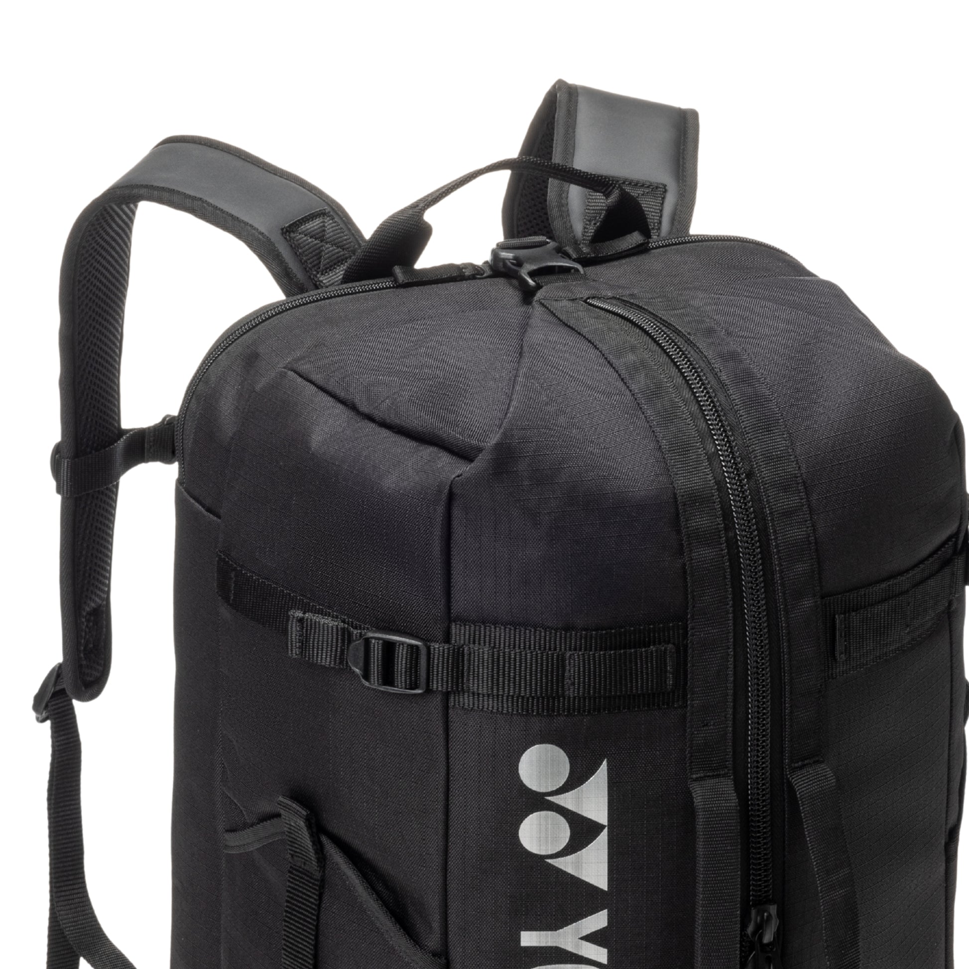 Black backpack with a visible brand logo on a white background