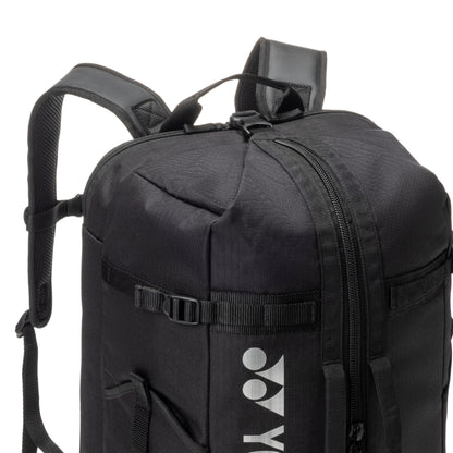 Black backpack with a visible brand logo on a white background