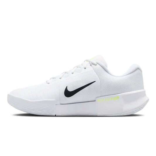 White tennis shoe with black Nike swoosh logo on a white background
