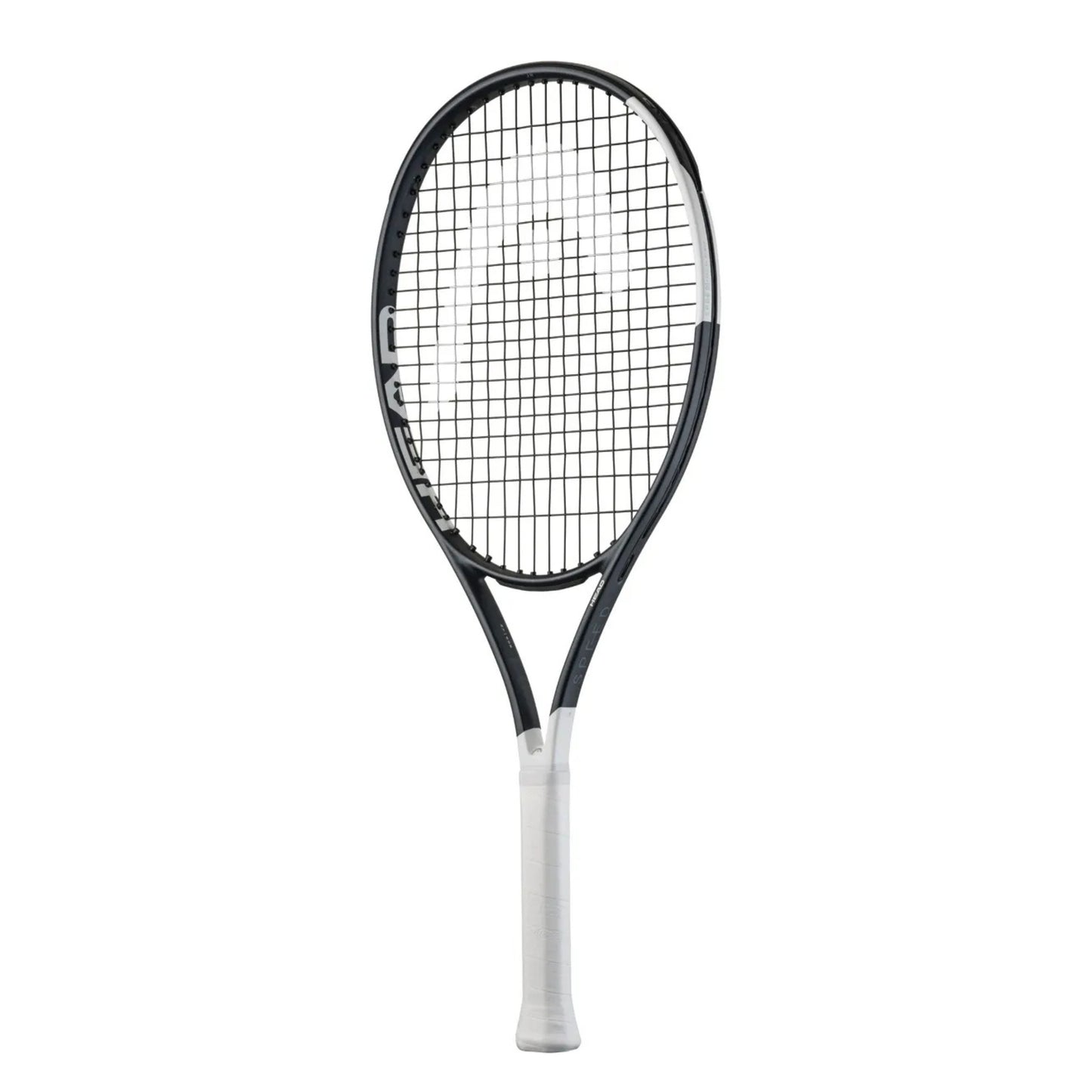 A Head tennis racket with a black frame and white grip, shown vertically against a plain white background.