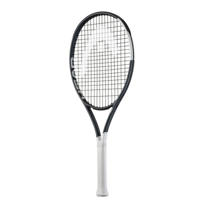 A Head tennis racket with a black frame and white grip, shown vertically against a plain white background.