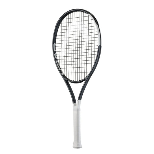 A Head tennis racket with a black frame and white grip, shown vertically against a plain white background.