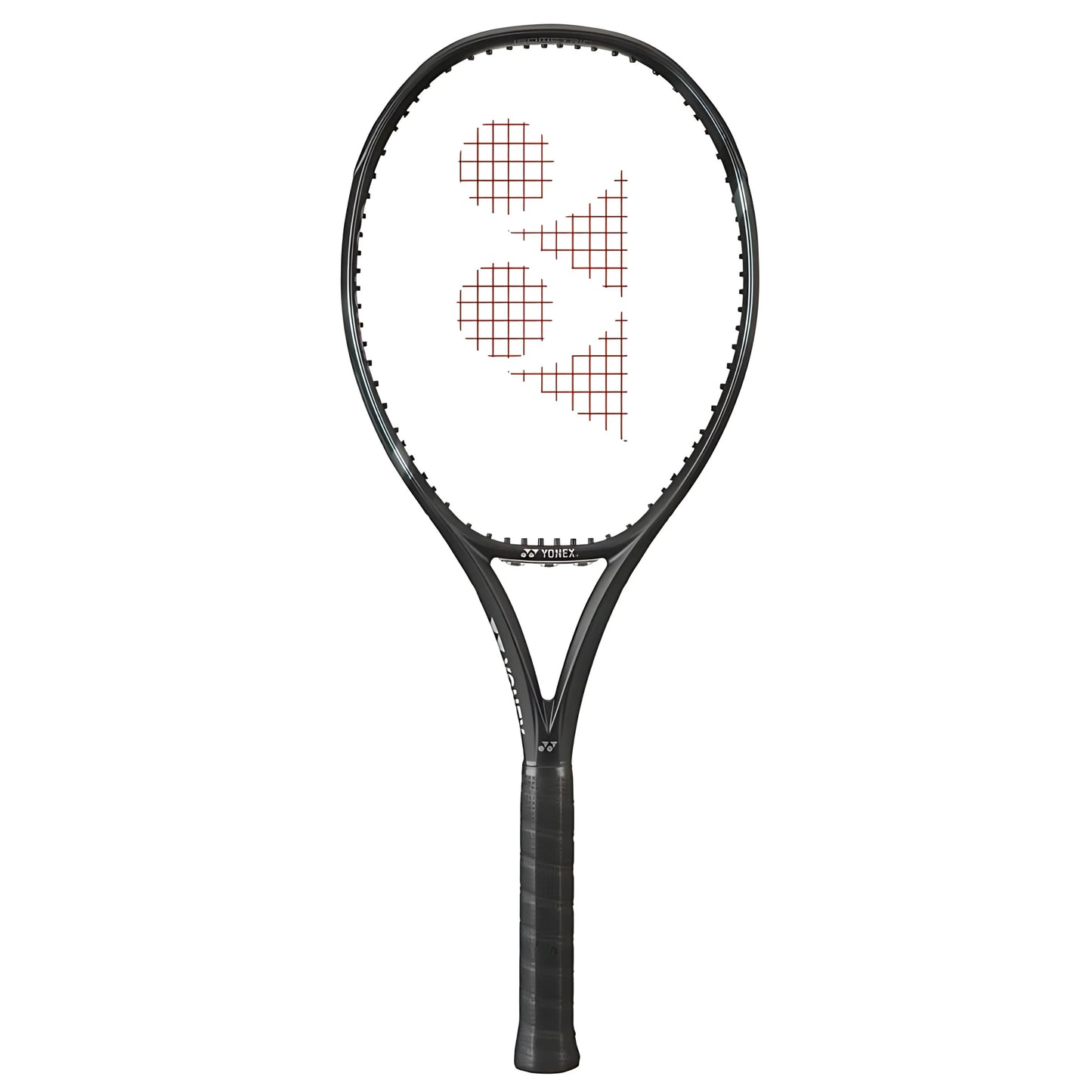 Black tennis racket with Yonex logo on a white background