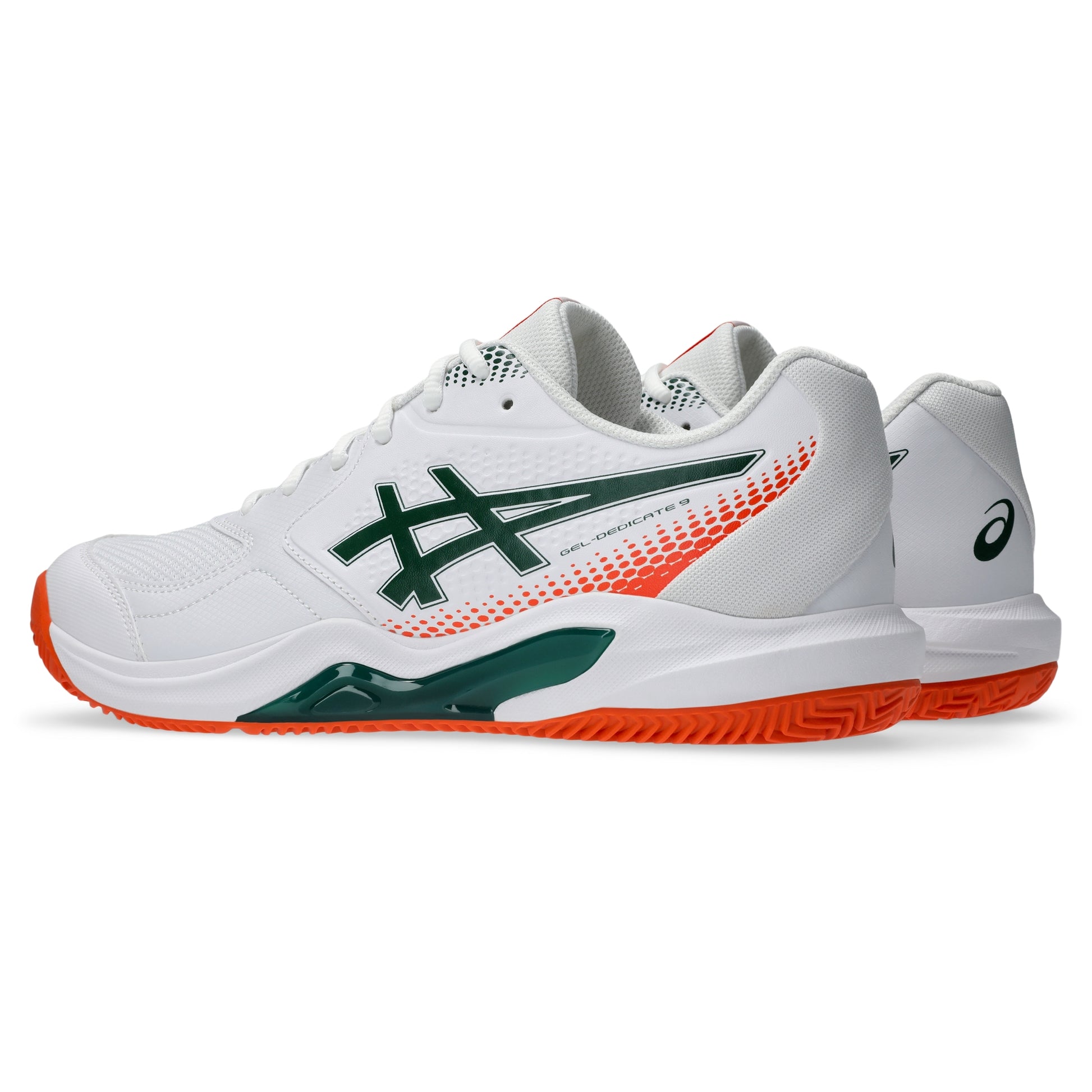 A pair of white Asics padel shoes with dark green and orange accents, shown from a three-quarters angle on a clean white background.