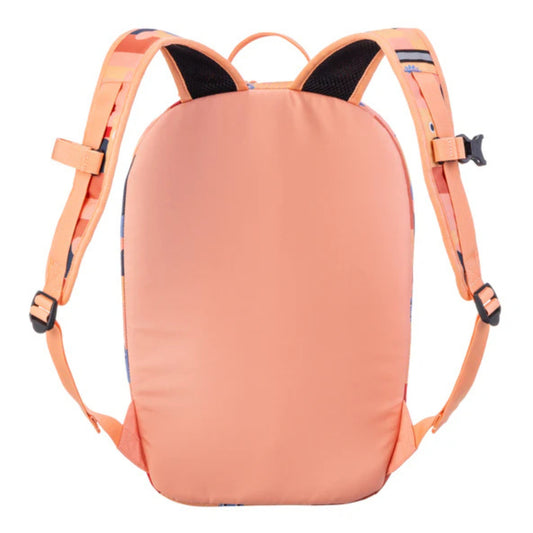 Back view of a peach-colored backpack with orange straps on a white background