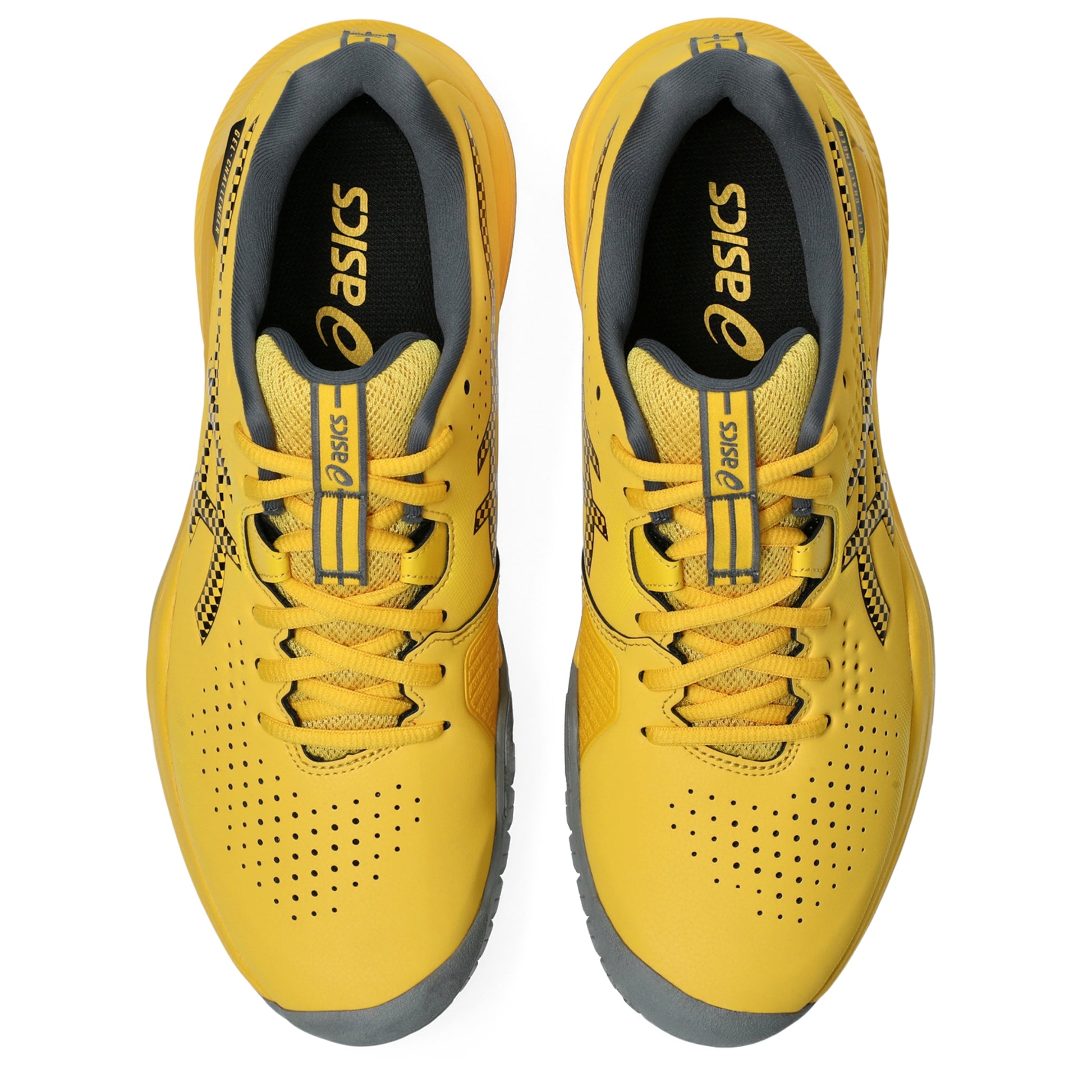 A pair of yellow ASICS tennis shoes shown from a top-down view on a plain white background.