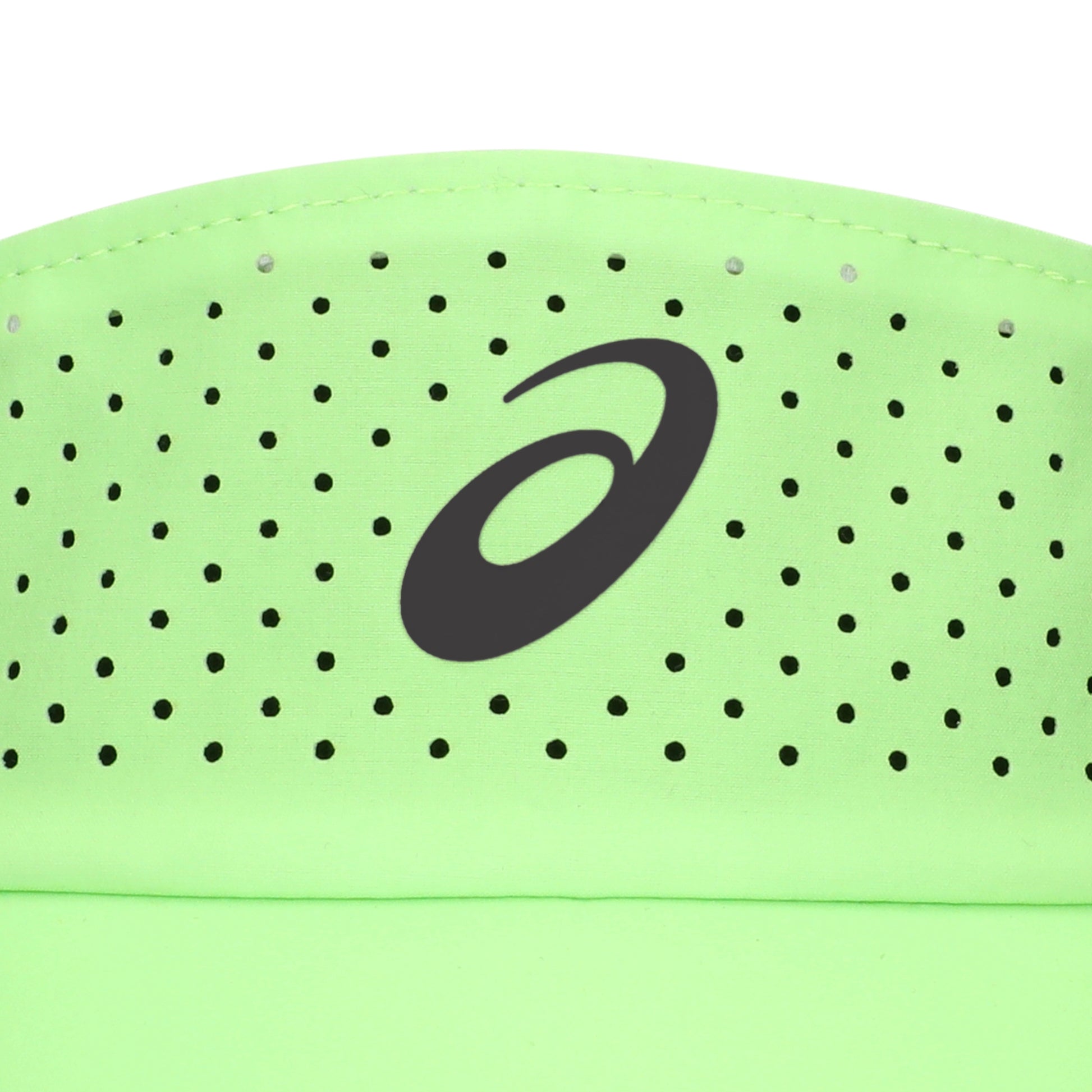 Green Asics visor with black logo on a white background