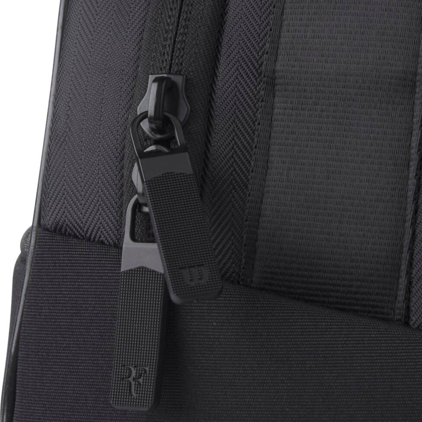 Close-up of a black tennis bag zipper with brand logo on a white background