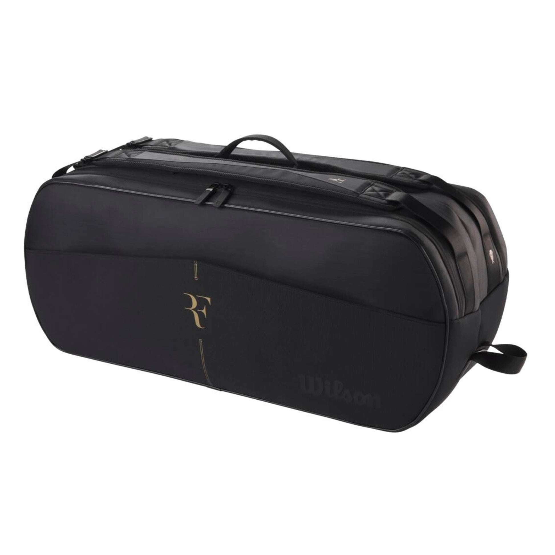 Black tennis bag with RF and Wilson logos on a white background