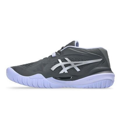 A dark gray and white Asics tennis shoe shown from the side against a plain white background.