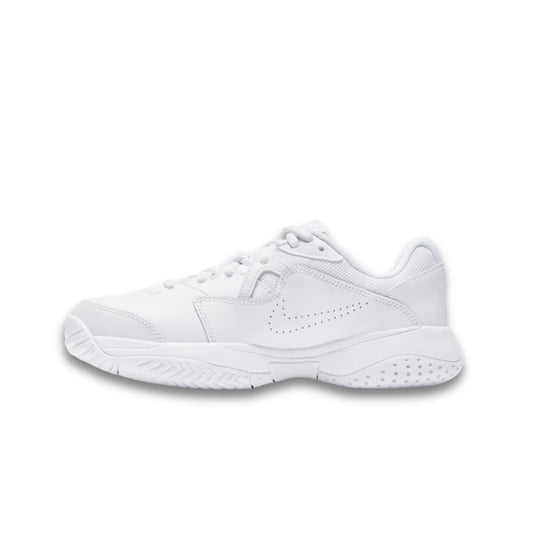 White Nike tennis shoe on a white background