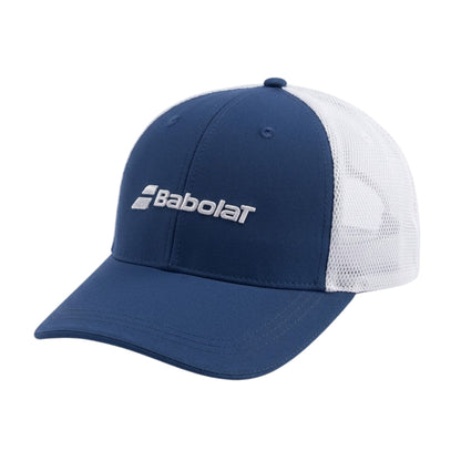 Blue and white cap with Babolat logo on a white background