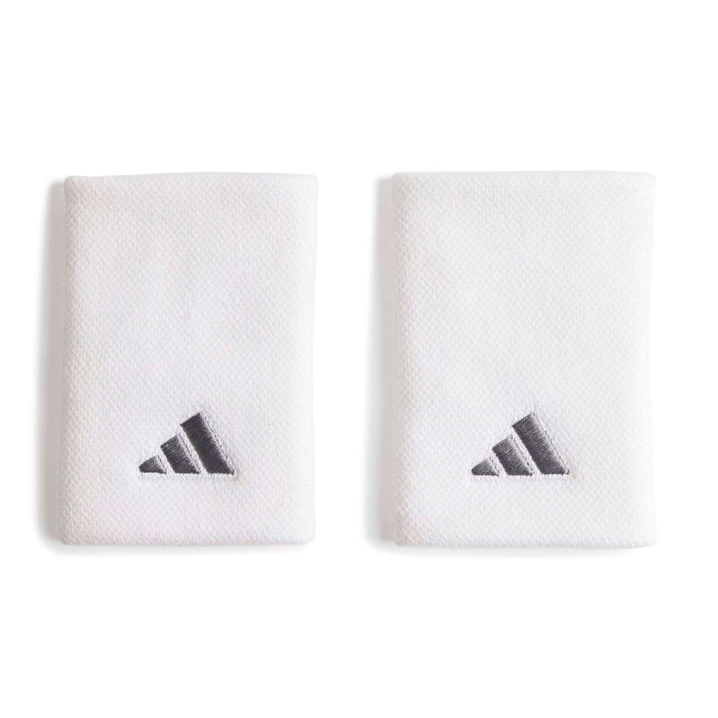 Two white Adidas wristbands with the classic three-bar logo in dark gray, displayed side-by-side on a clean white background.