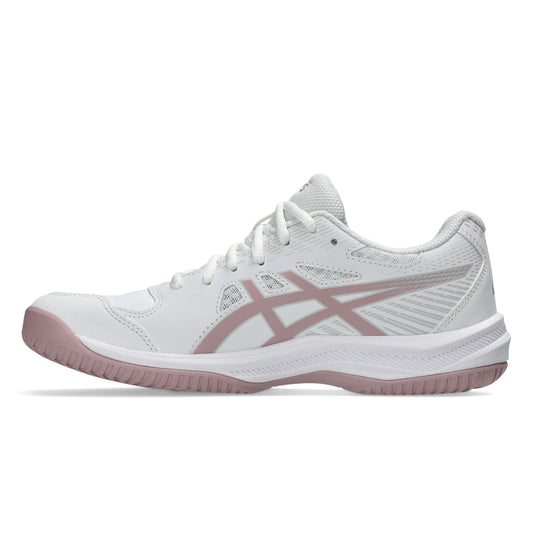 White and pink tennis shoe on a white background