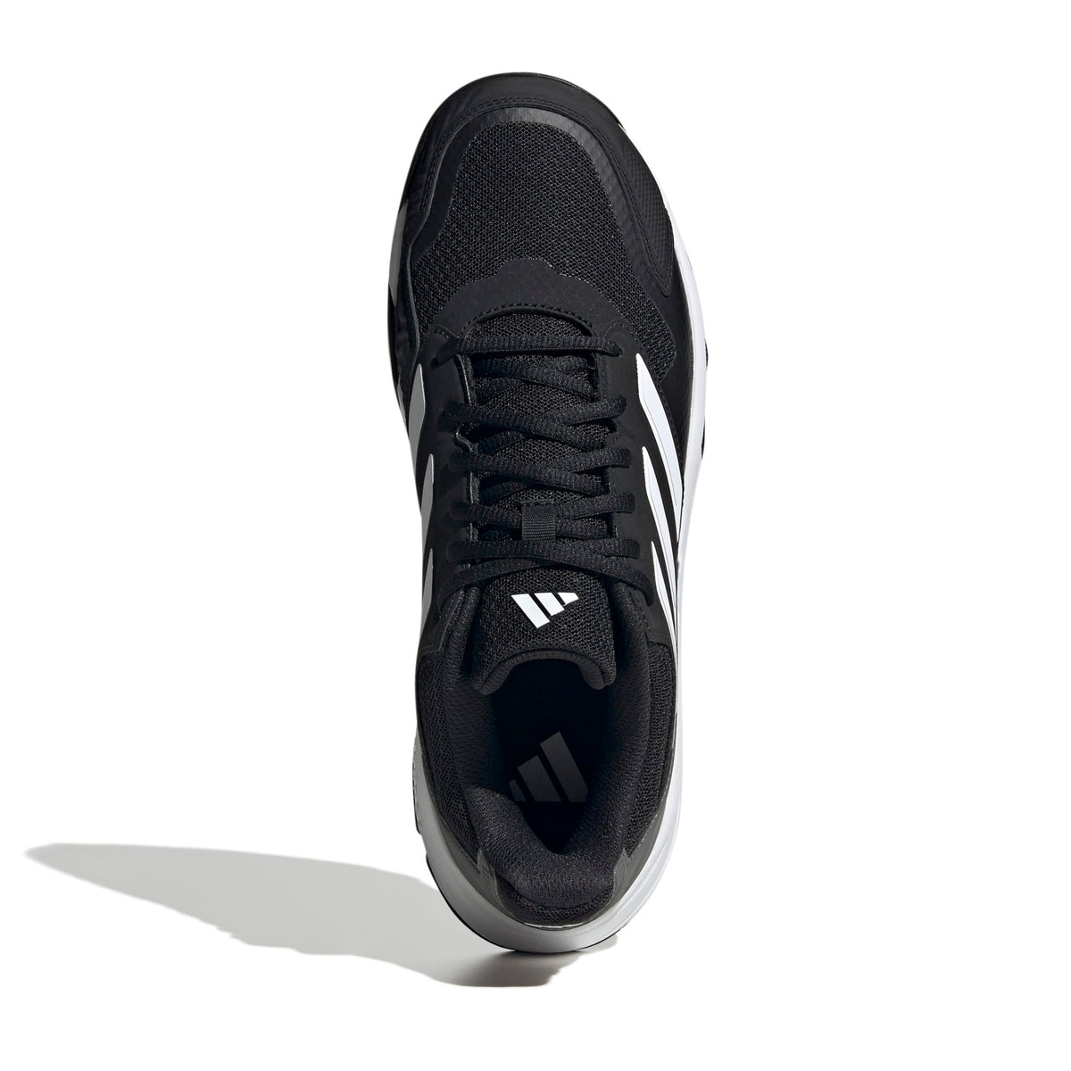 A black Adidas tennis shoe shown from a top-down angle on a white background, featuring the signature three stripes and white Adidas logo on the side and tongue.