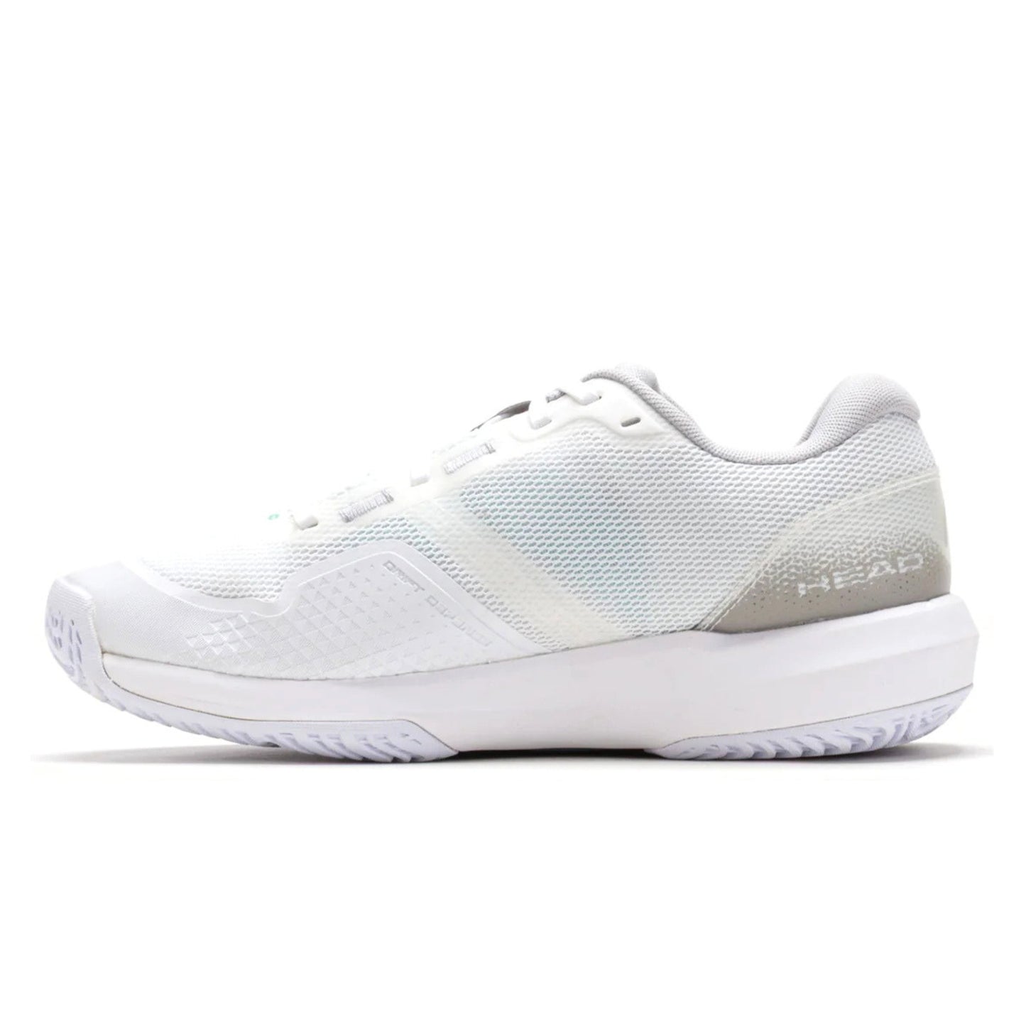 White tennis shoe with 'HEAD' branding on a white background