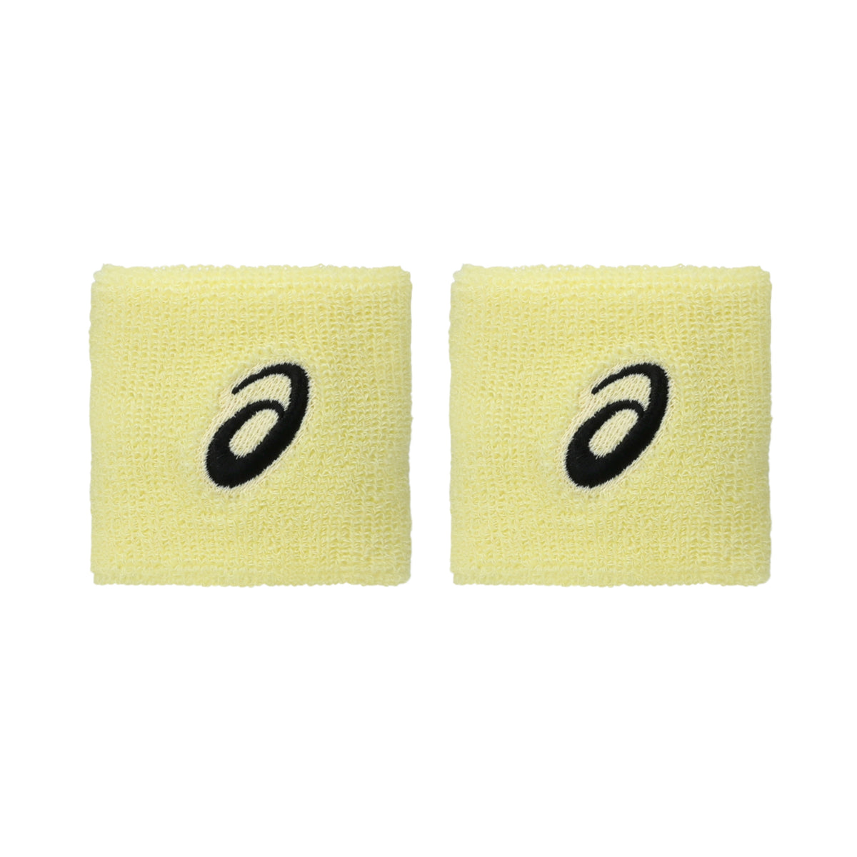 Two yellow wristbands with black logo on a white background