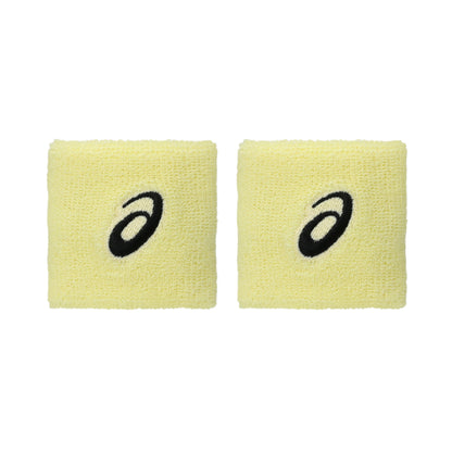 Two yellow wristbands with black logo on a white background