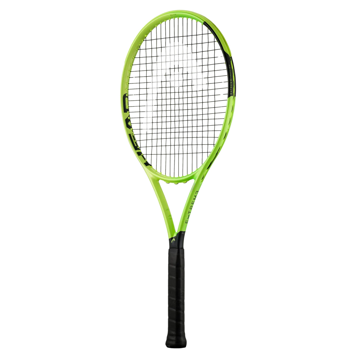 A Head tennis racket with a bright neon green frame and black grip, shown vertically against a plain white background.