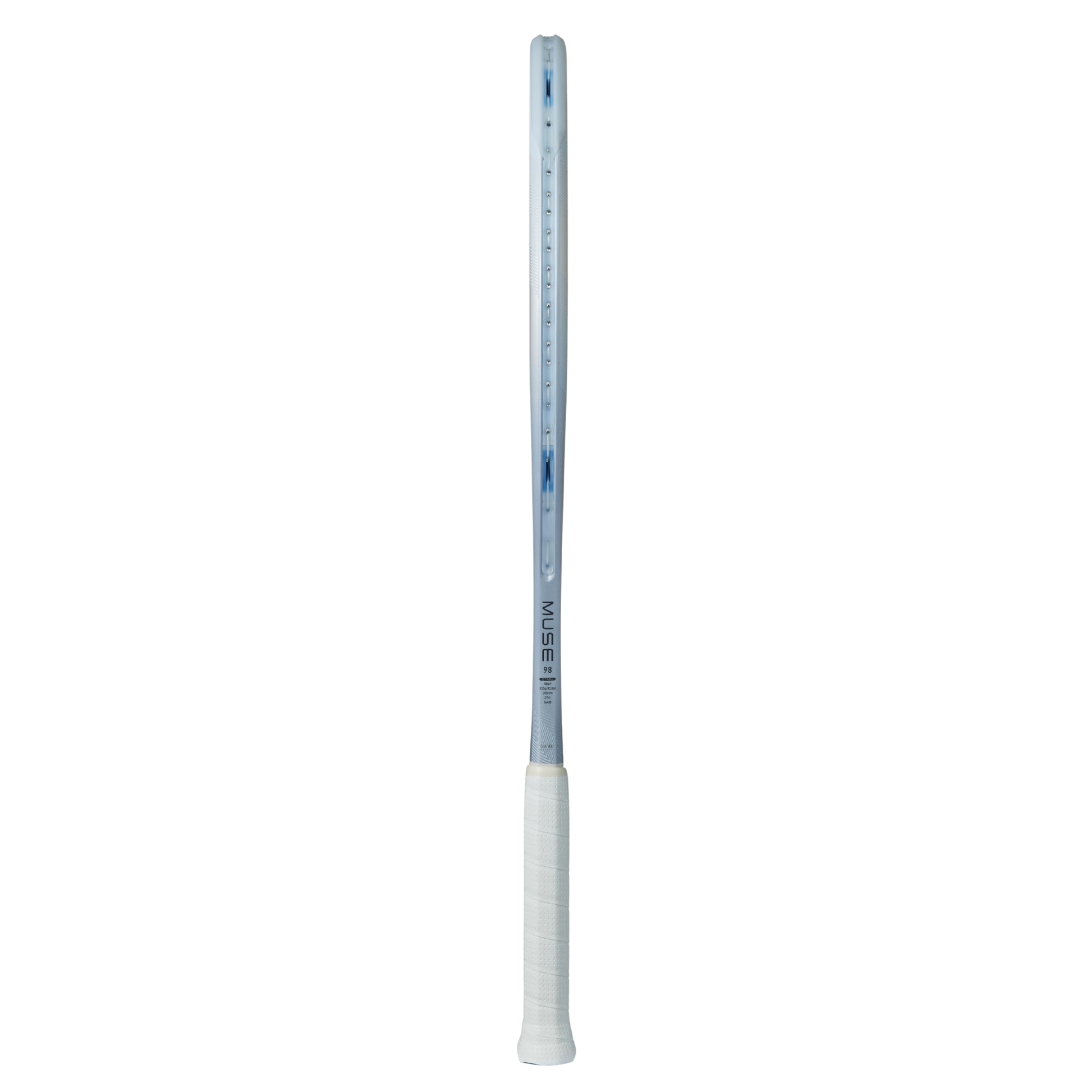 Silver Yonex tennis racket with a white handle and on a white background