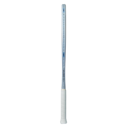 Silver Yonex tennis racket with a white handle and on a white background