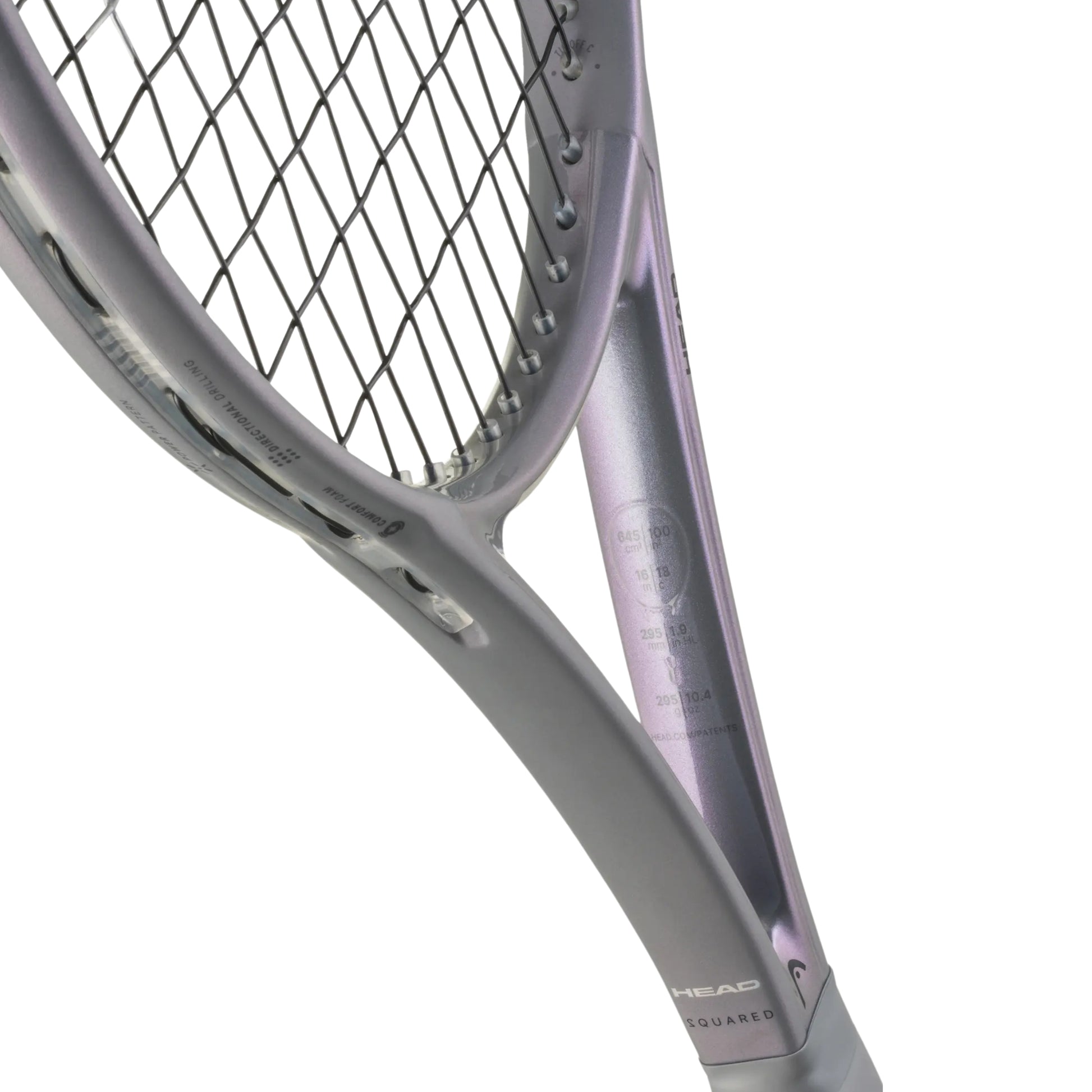 Close-up of a tennis racket with a white background