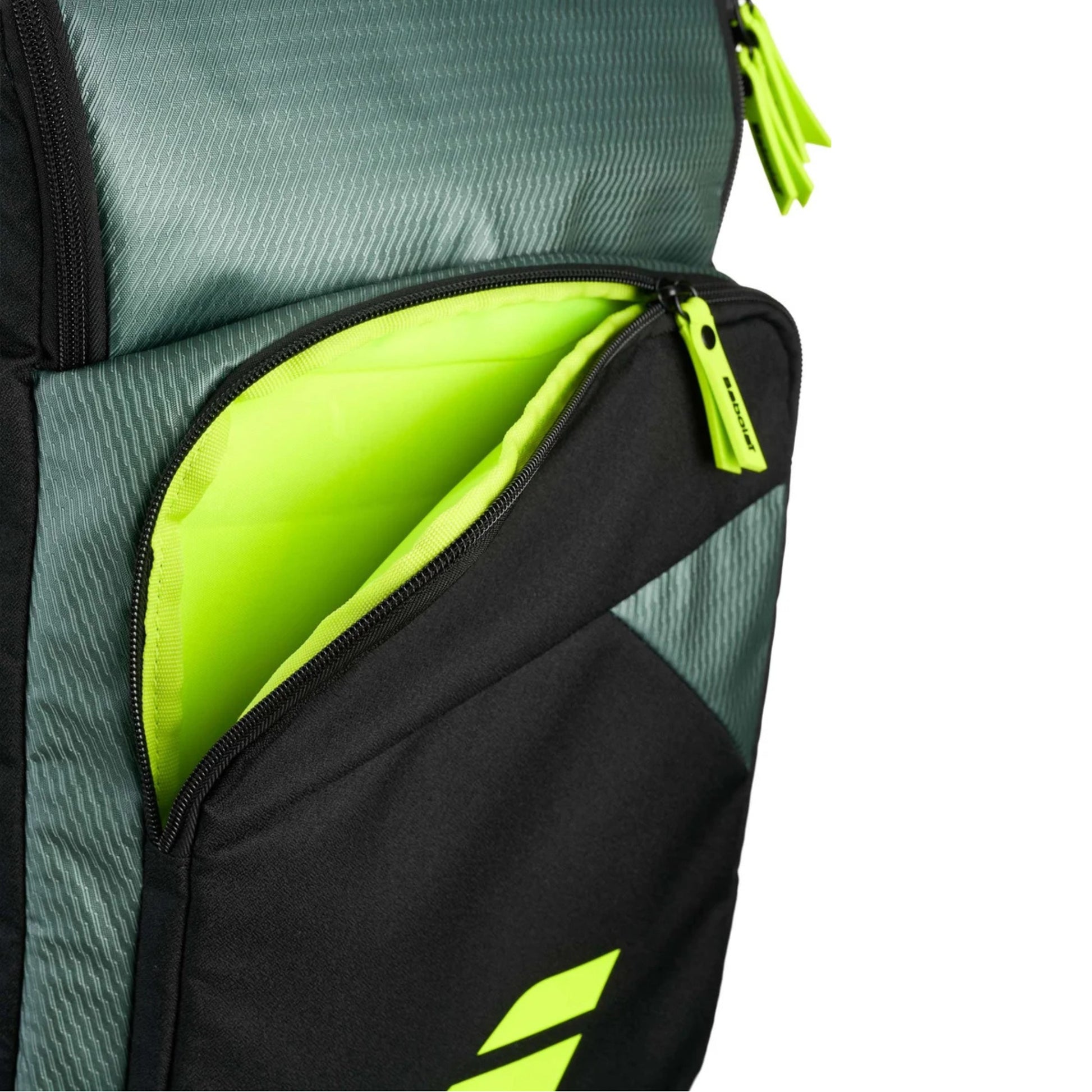 Close-up of a gray and black backpack with a visible brand logo.