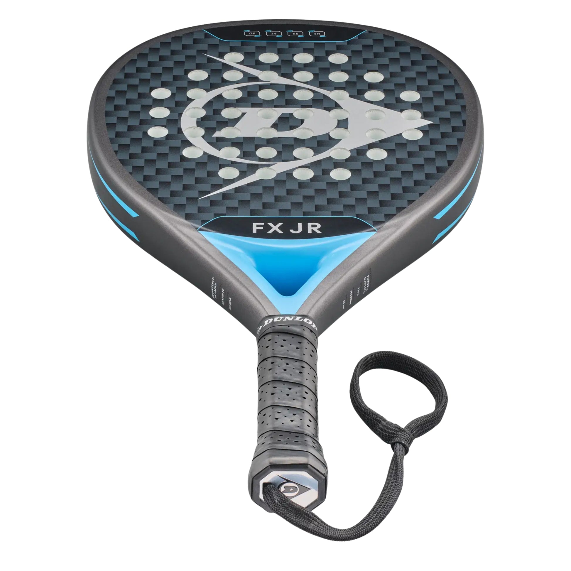 Dunlop padel racket with 'FX JR' branding on a white background