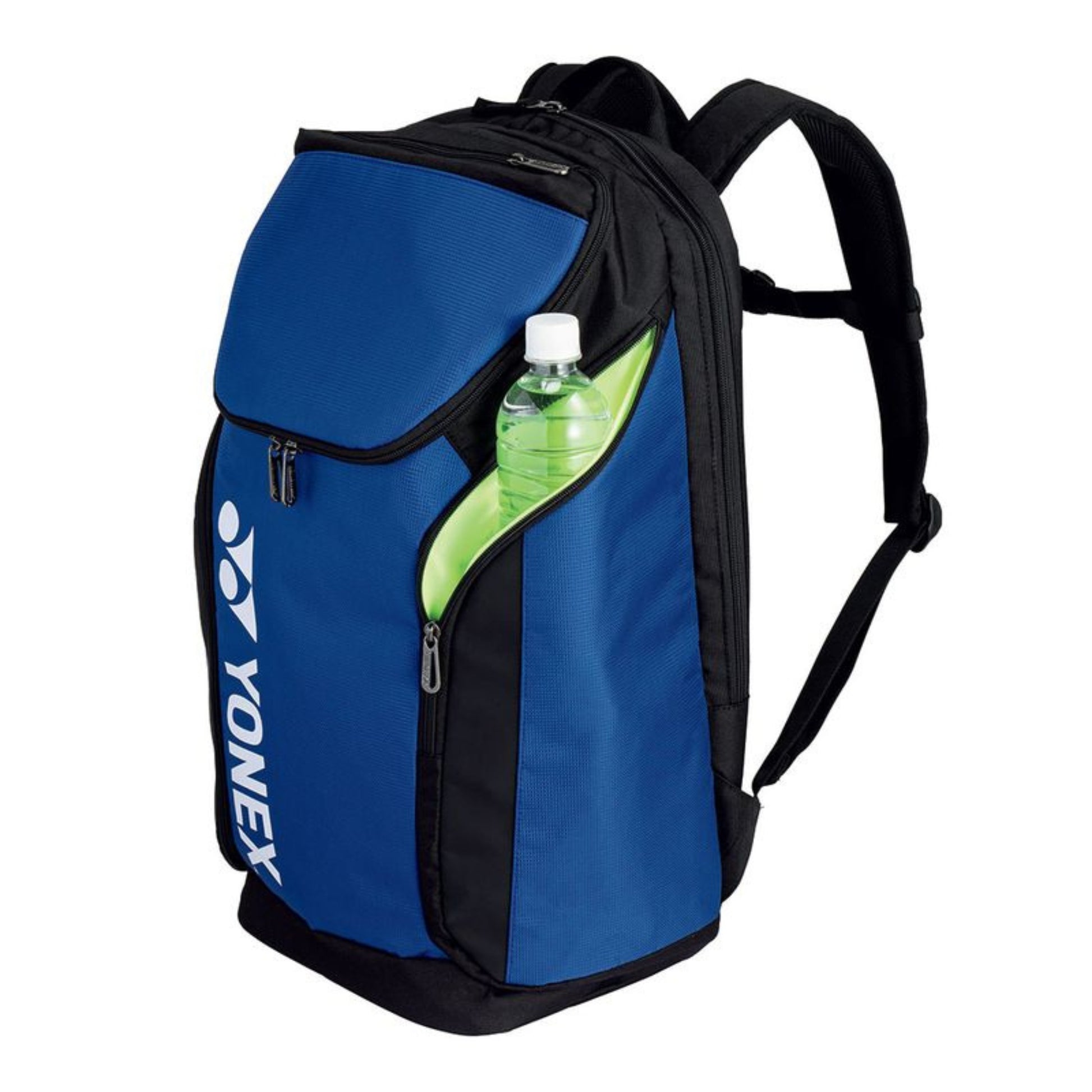Blue backpack with Yonex logo and a green bottle inside on a white background