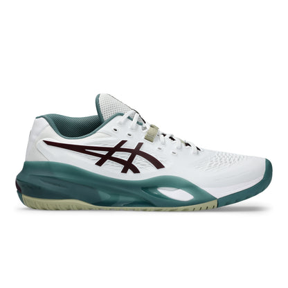 A white Asics tennis shoe with a dark teal midsole and heel, a dark burgundy logo on the side, and a light beige lace detail, shown against a plain white background.