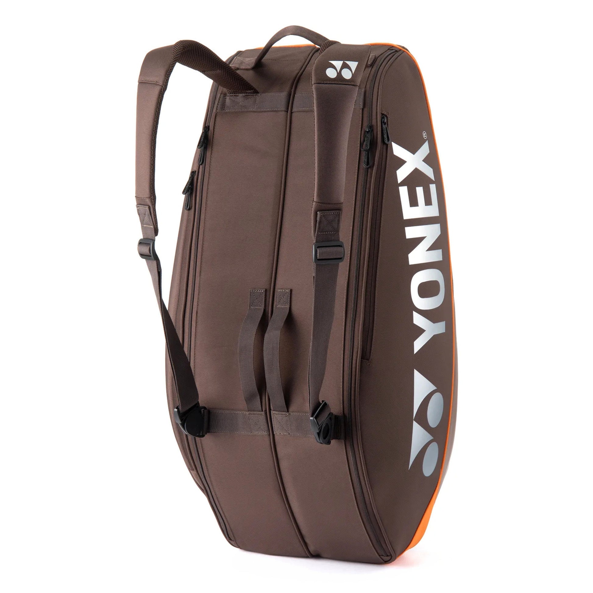 Brown Yonex racket bag on a white background