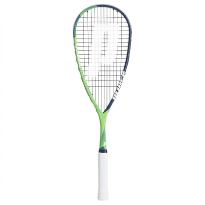Prince Squash racket with green and blue design on a white background