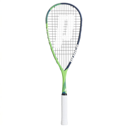 Prince Squash racket with green and blue design on a white background
